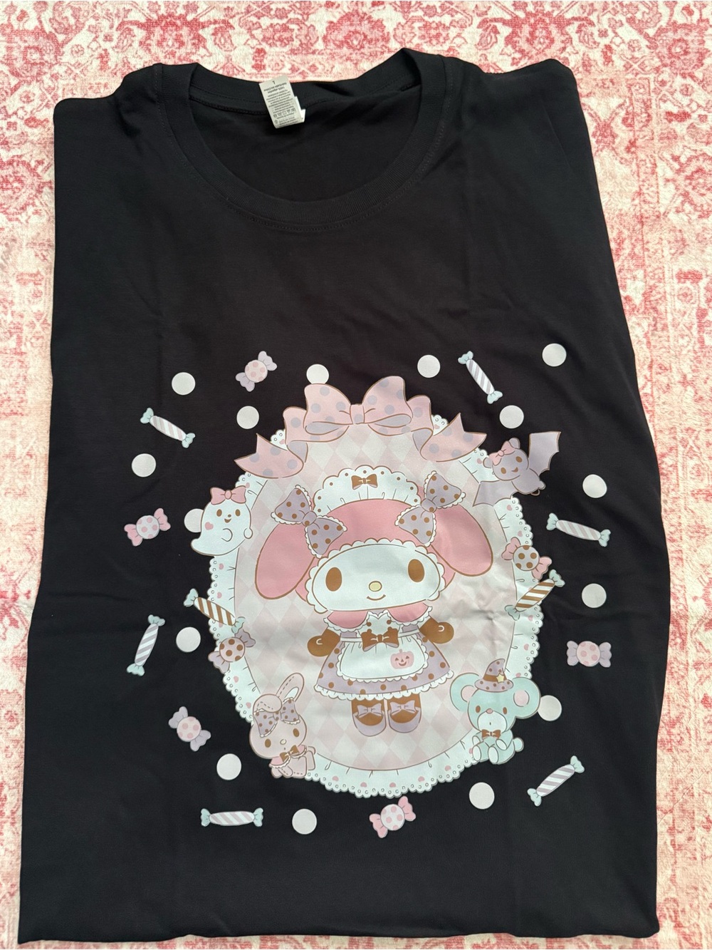 Caribbean Black Short Sleeve Tee with Pink Kawaii Character Graphic